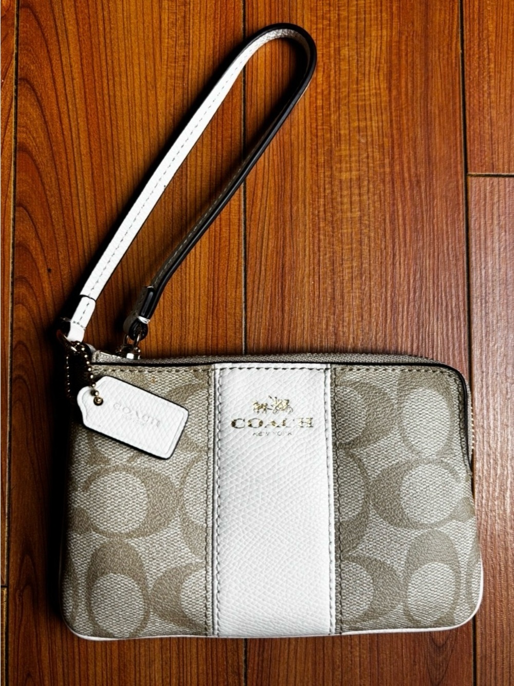 Coach Khaki Signature Canvas Corner Zip Wristlet with White Leather Stripe